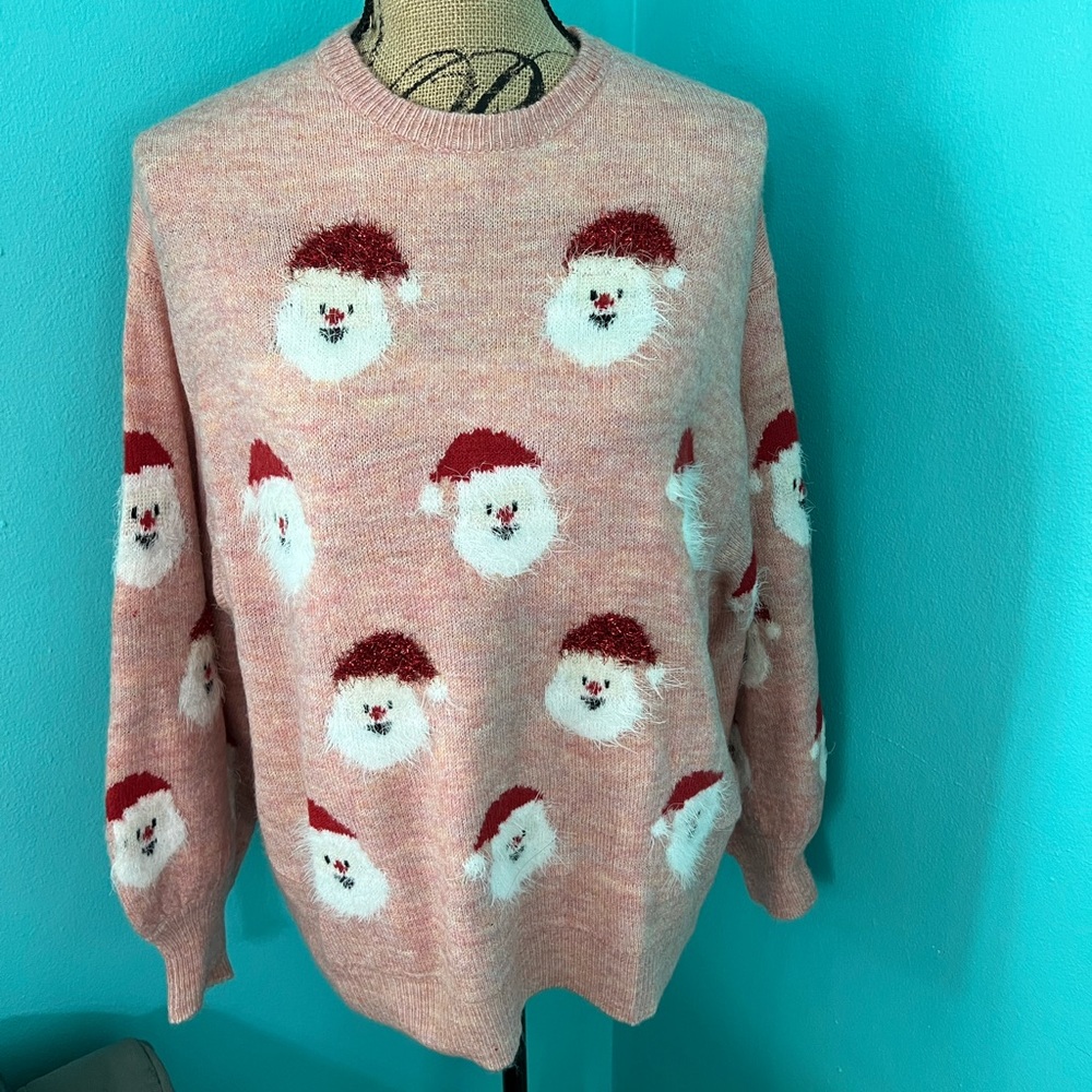 #918 NWOT Simplee Fuzzy Long Sleeve Santa Claus Face Sweater Size L